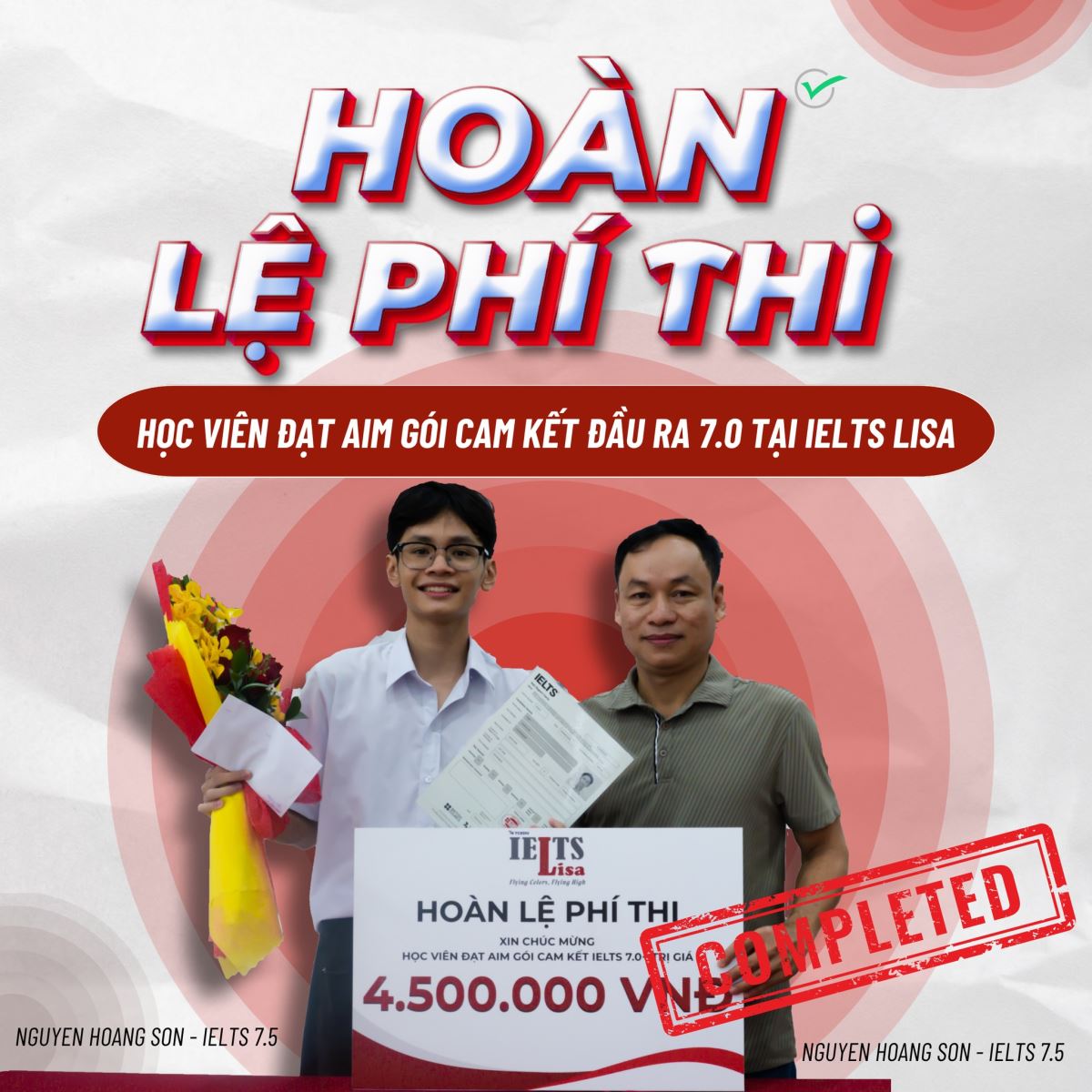 CHÚC MỪNG BẠN TRẦN HOÀNG SƠN – NHẬN HOÀN LỆ PHÍ THI IELTS TỪ LISA!